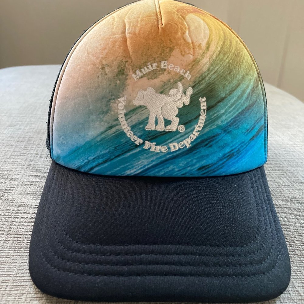 Trucker Hat - Muir Beach Volunteer Fire Dept with Dog logo - surf pattern - NWOT